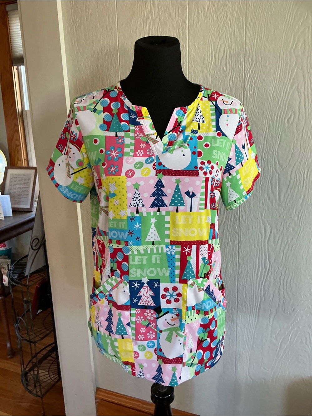 Holiday Patchwork Snowman Kids Scrub Top - Multicolor